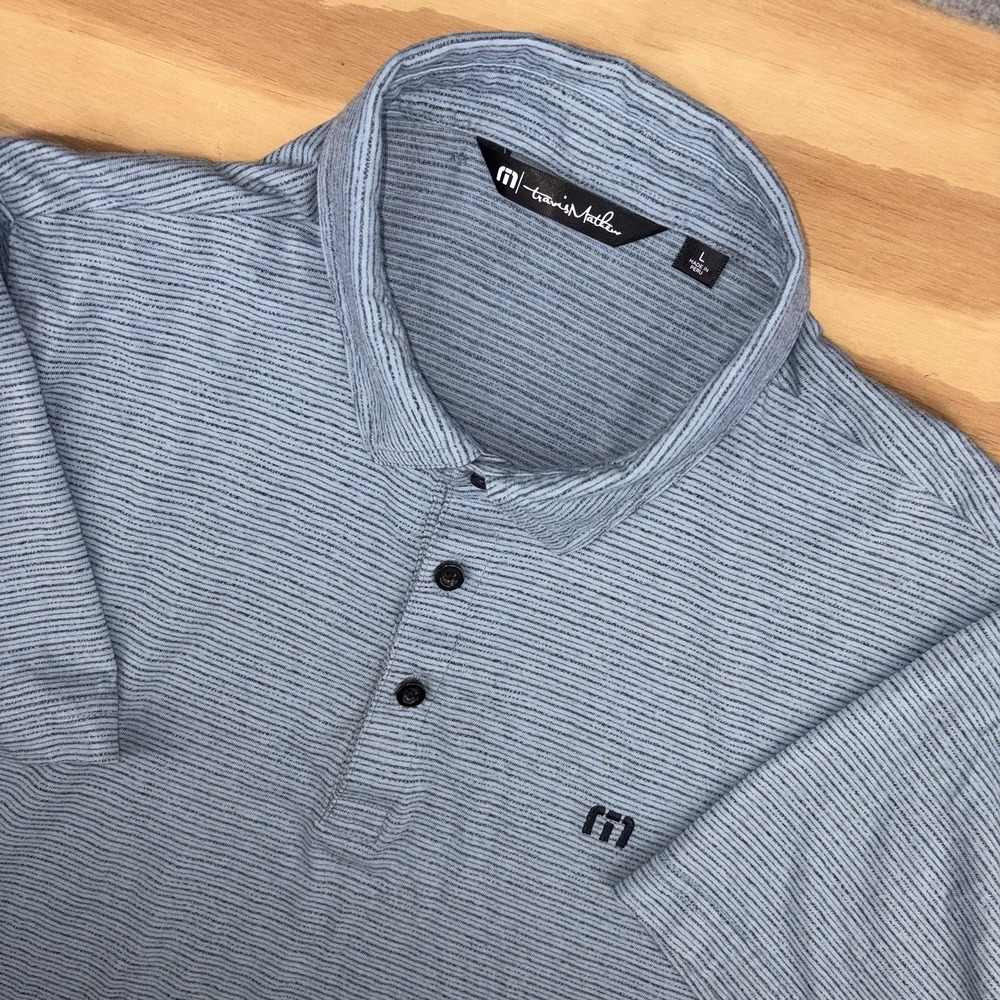 Travis Mathew Performance Golf Polo Large Light Blue Black Striped Cotten Blend